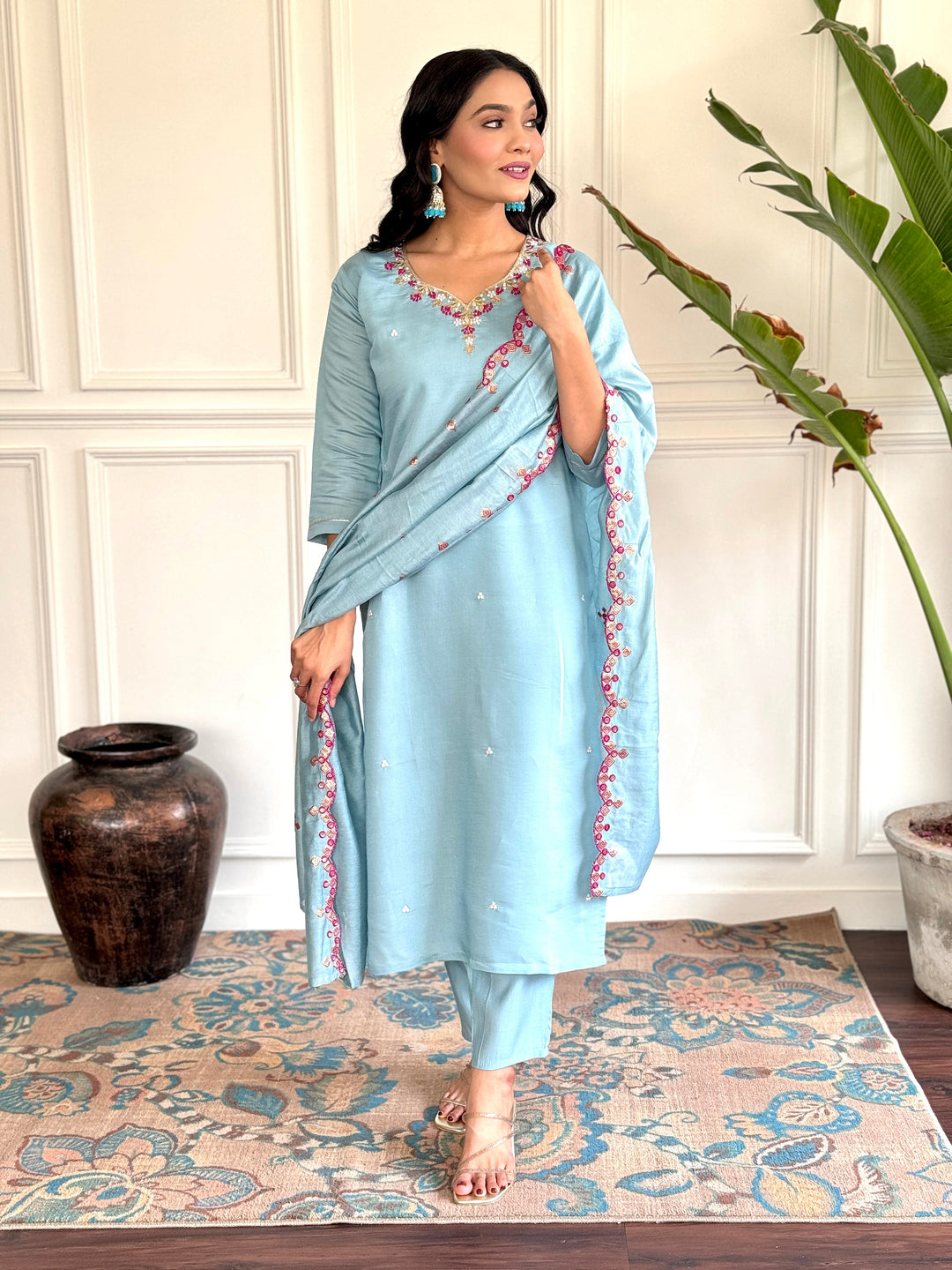 Stunning Sky Blue Embroidered Chanderi Silk Readymade Pant Suit