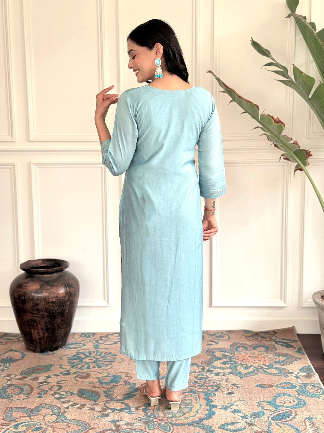 Stunning Sky Blue Embroidered Chanderi Silk Readymade Pant Suit