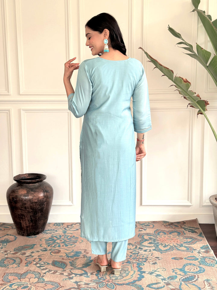 Stunning Sky Blue Embroidered Chanderi Silk Readymade Pant Suit