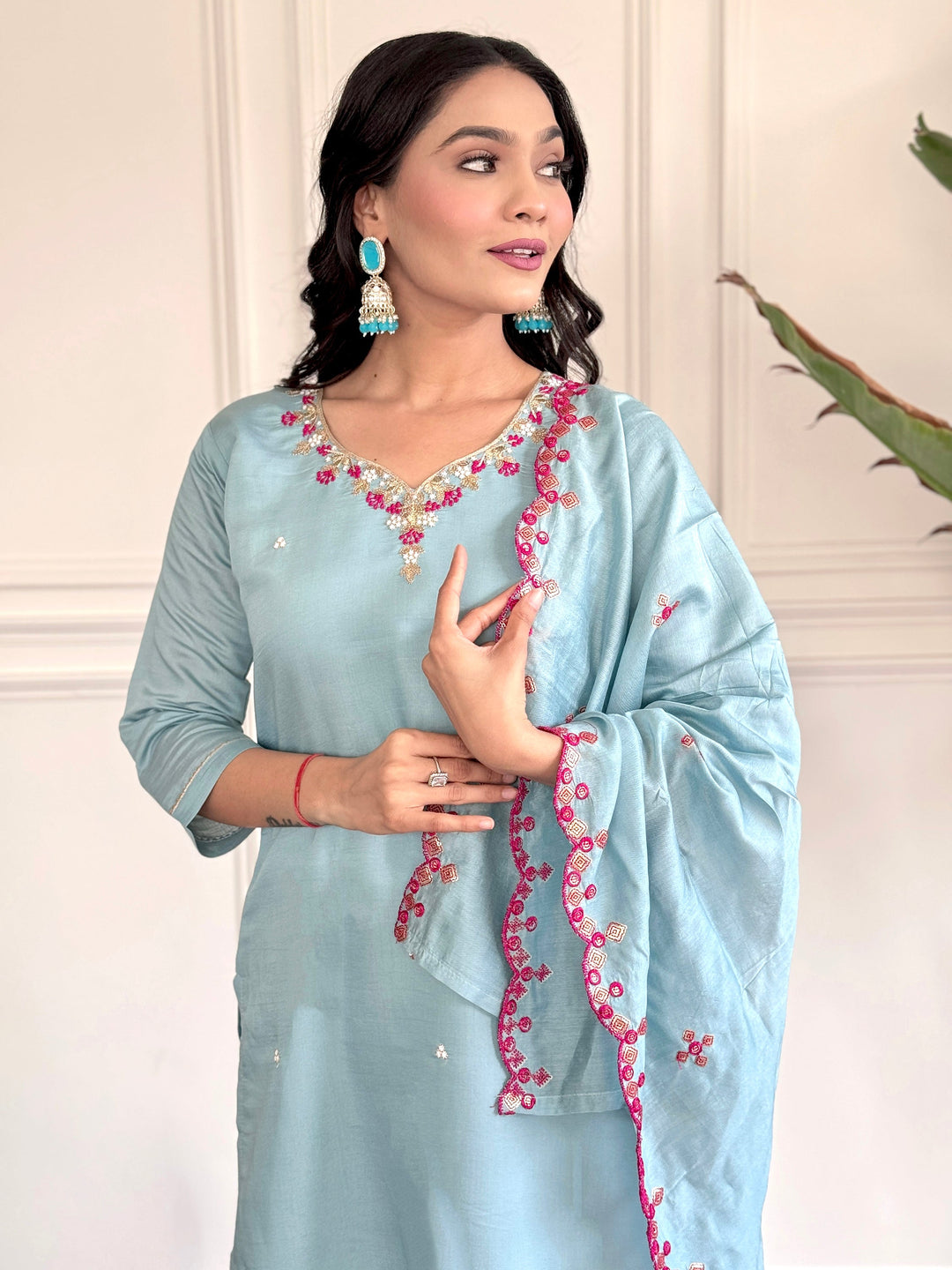 Stunning Sky Blue Embroidered Chanderi Silk Readymade Pant Suit