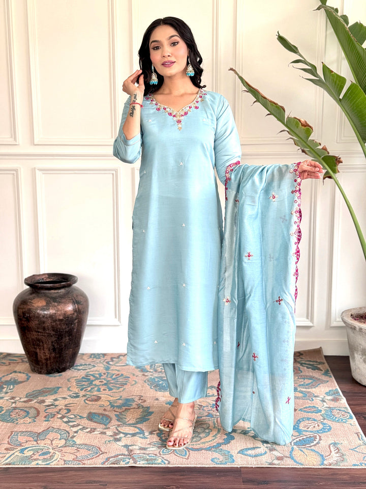 Stunning Sky Blue Embroidered Chanderi Silk Readymade Pant Suit