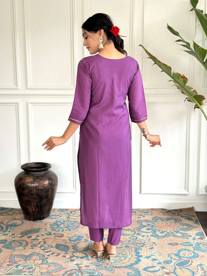 Charming Purple Embroidered Chanderi Silk Traditional Pant Suit