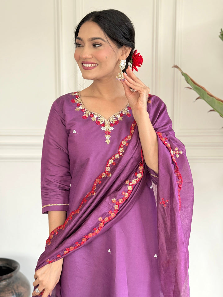 Charming Purple Embroidered Chanderi Silk Traditional Pant Suit