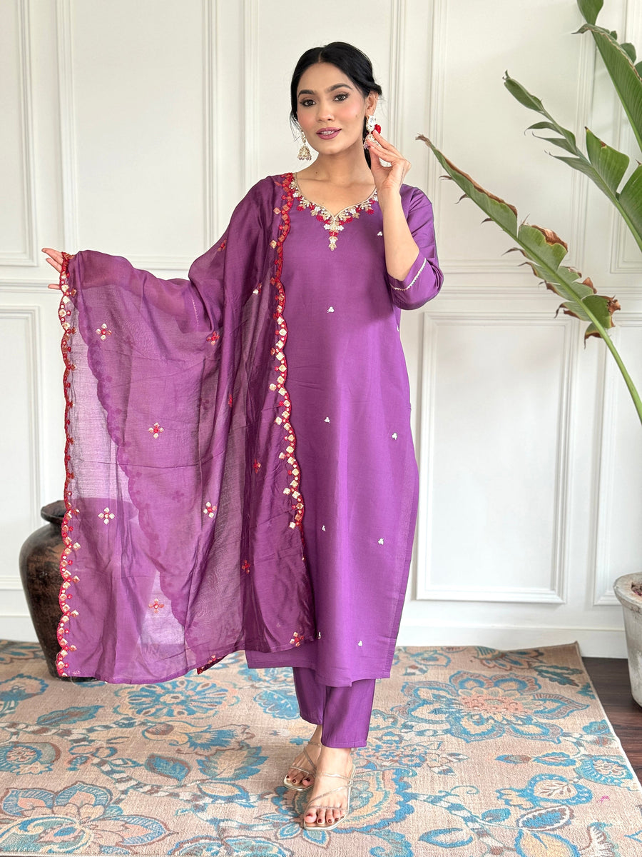 Charming Purple Embroidered Chanderi Silk Traditional Pant Suit