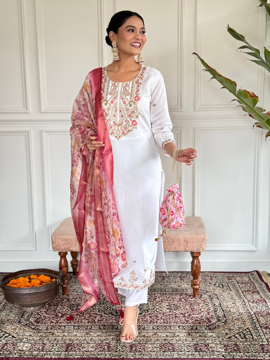 Alluring White Embroidered Chanderi Silk Pant Suit With Dupatta