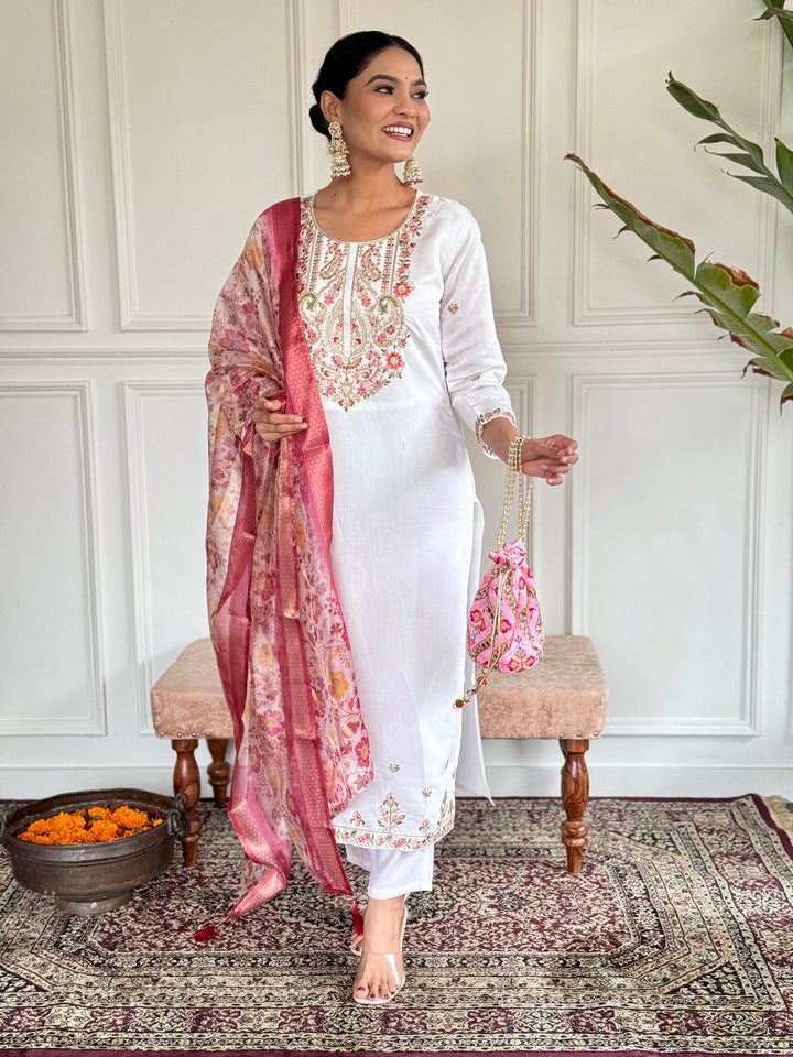 Alluring White Embroidered Chanderi Silk Pant Suit With Dupatta