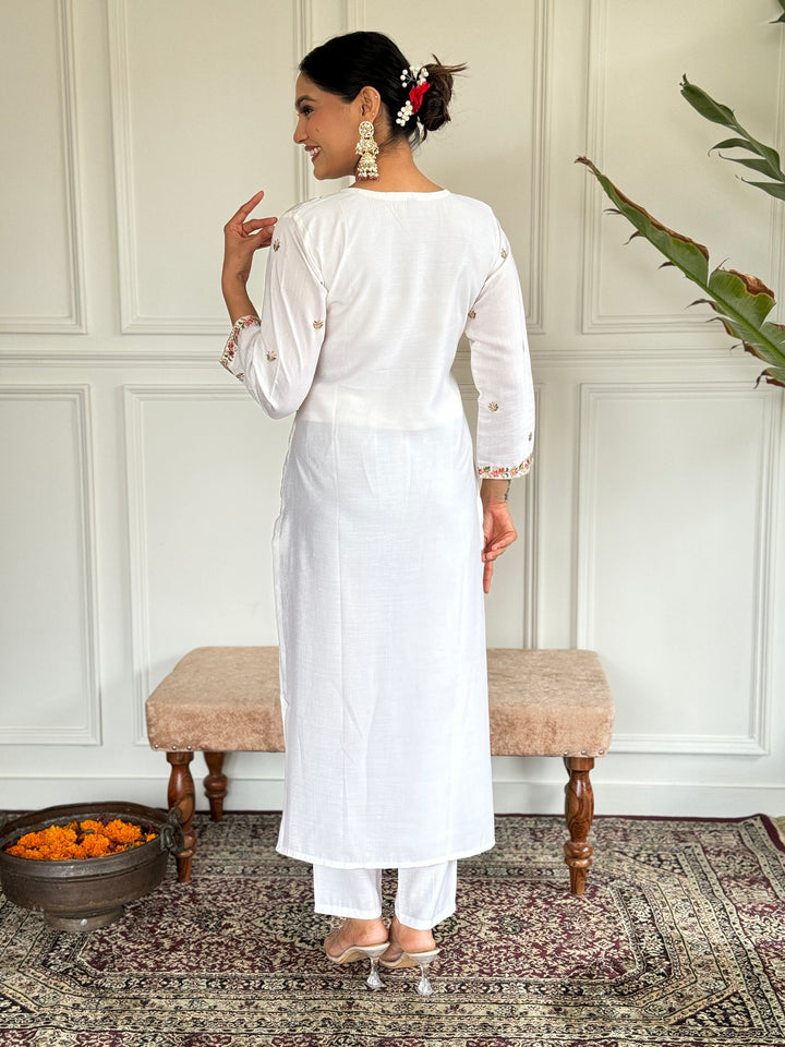 Alluring White Embroidered Chanderi Silk Pant Suit With Dupatta