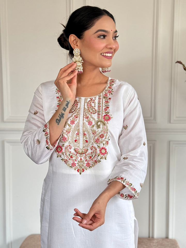 Alluring White Embroidered Chanderi Silk Pant Suit With Dupatta