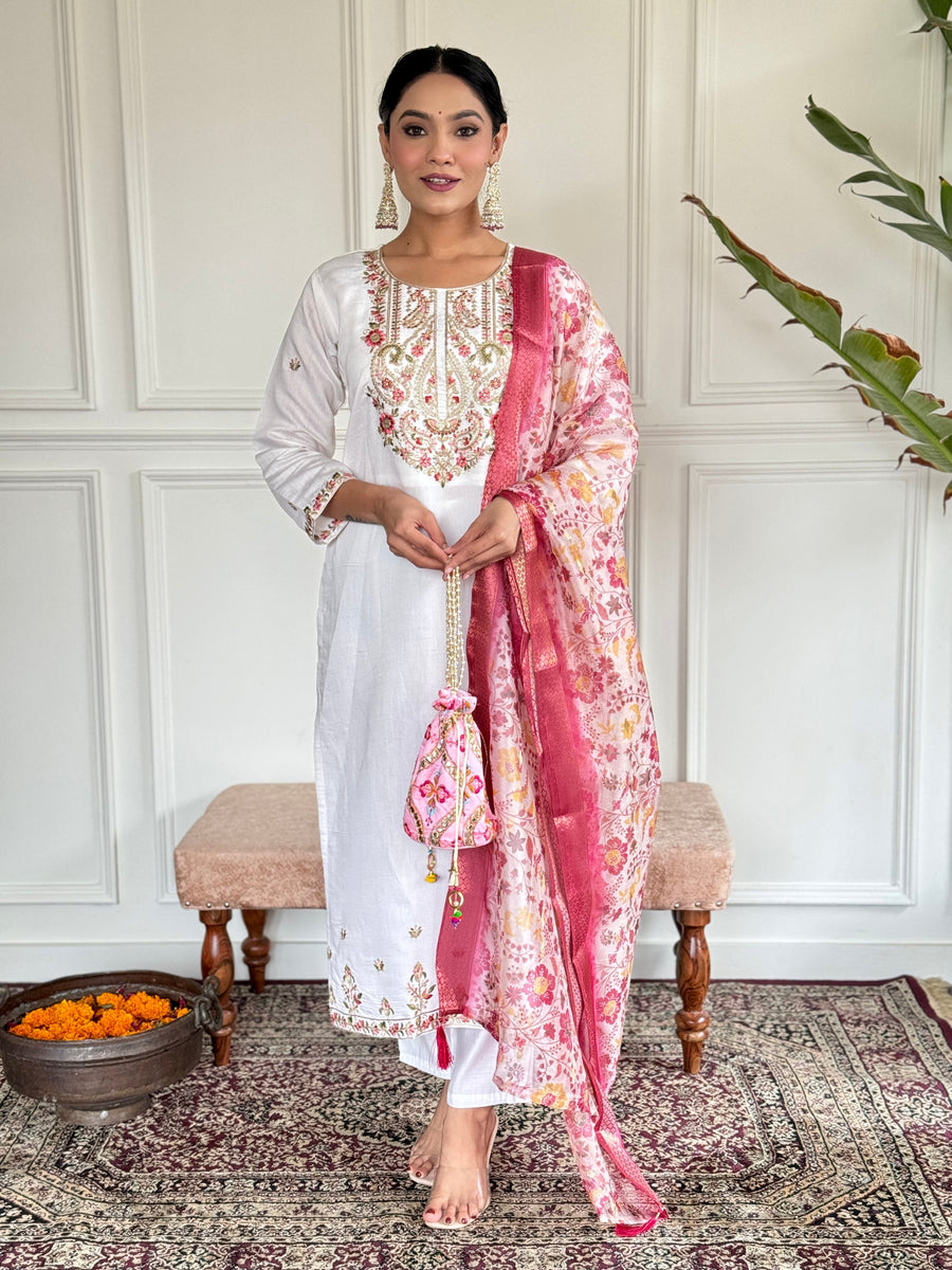 Alluring White Embroidered Chanderi Silk Pant Suit With Dupatta