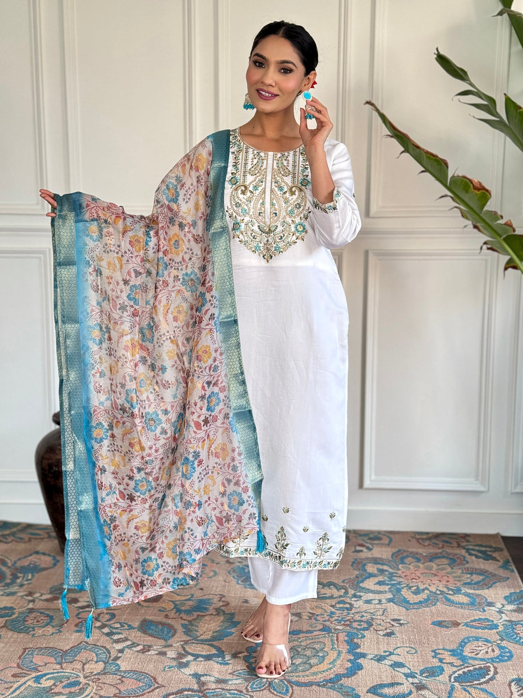 Fascinating White Embroidered Chanderi Silk Event Wear Pant Suit