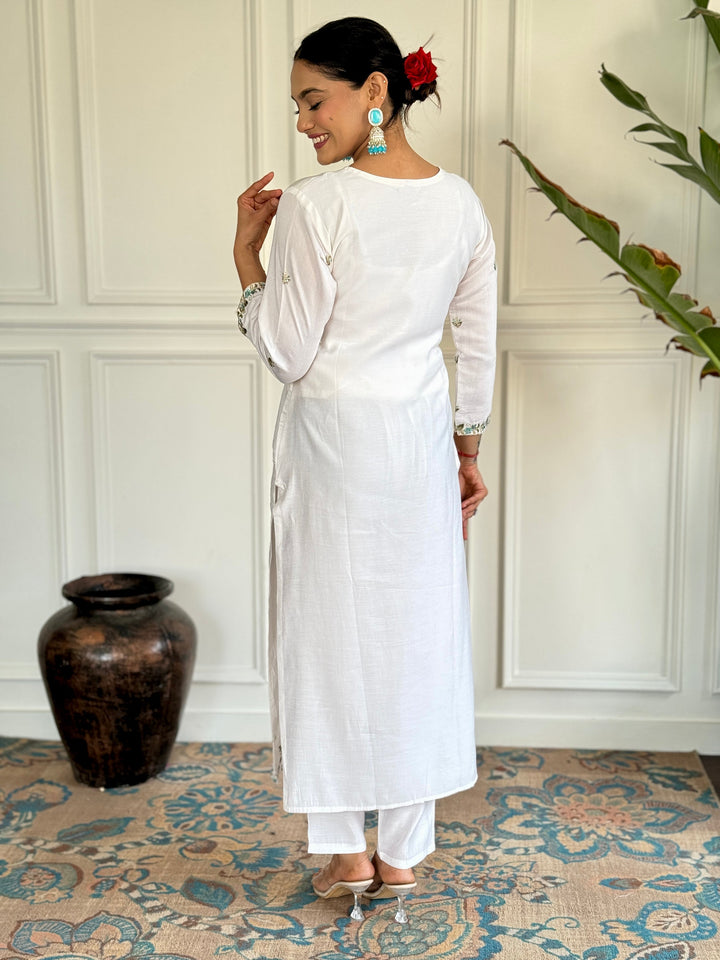 Fascinating White Embroidered Chanderi Silk Event Wear Pant Suit