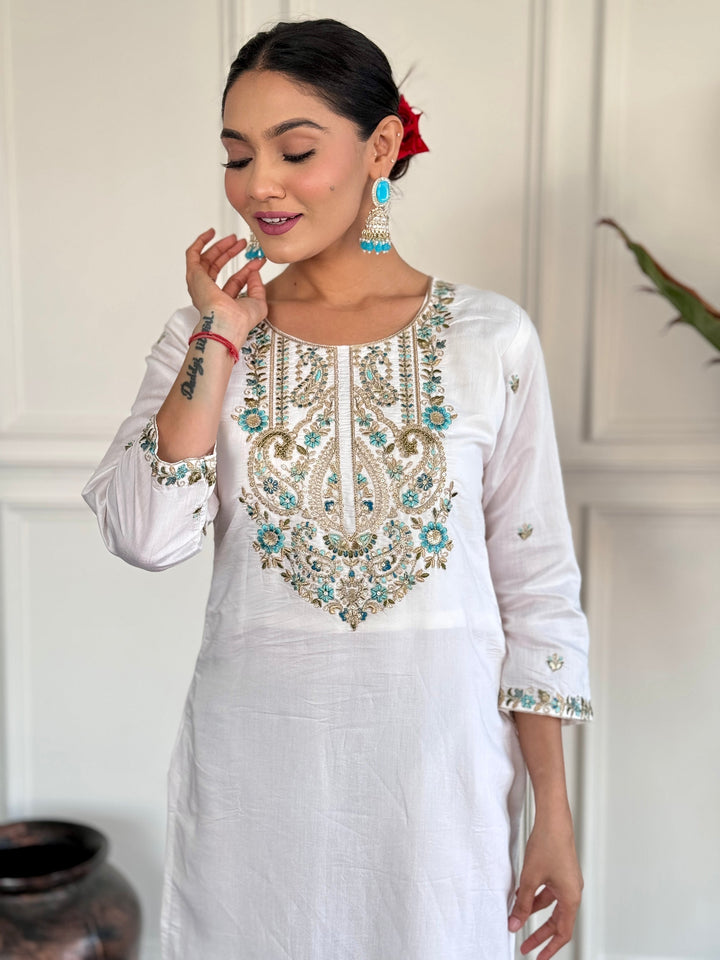 Fascinating White Embroidered Chanderi Silk Event Wear Pant Suit