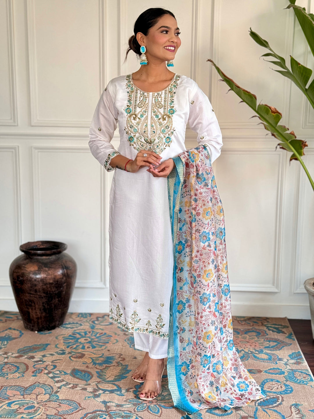 Fascinating White Embroidered Chanderi Silk Event Wear Pant Suit