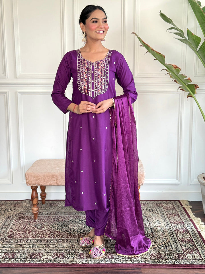 Glamorous Purple Embroidered Chanderi Silk Readymade Pant Suit