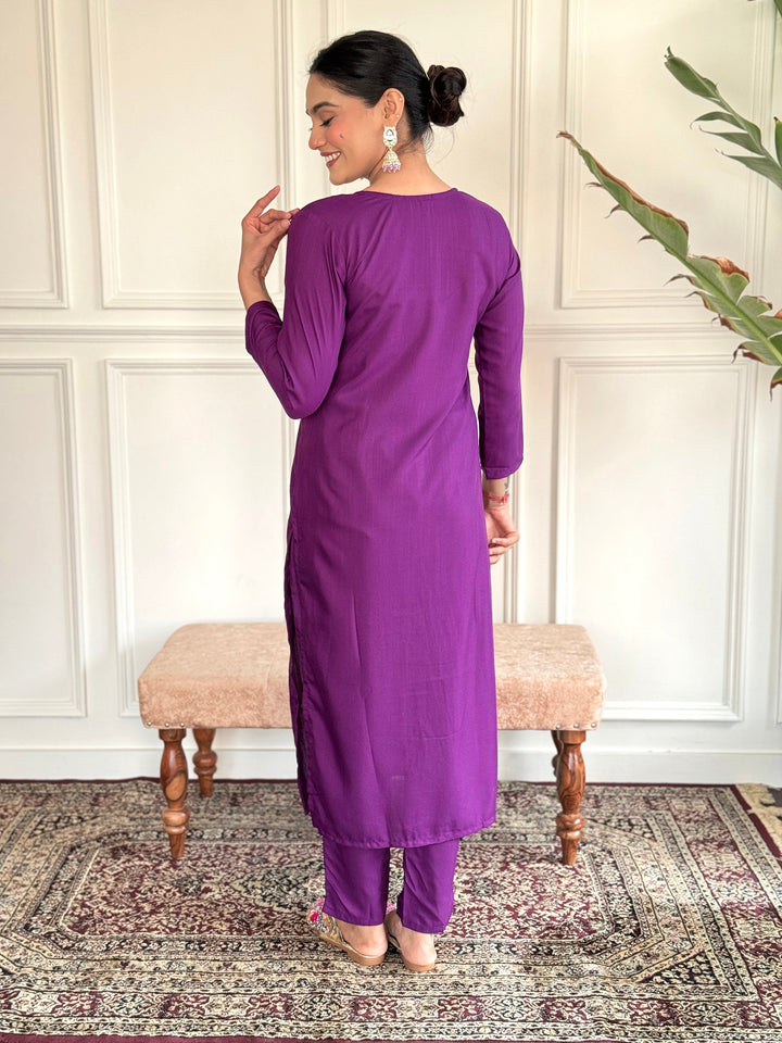 Glamorous Purple Embroidered Chanderi Silk Readymade Pant Suit