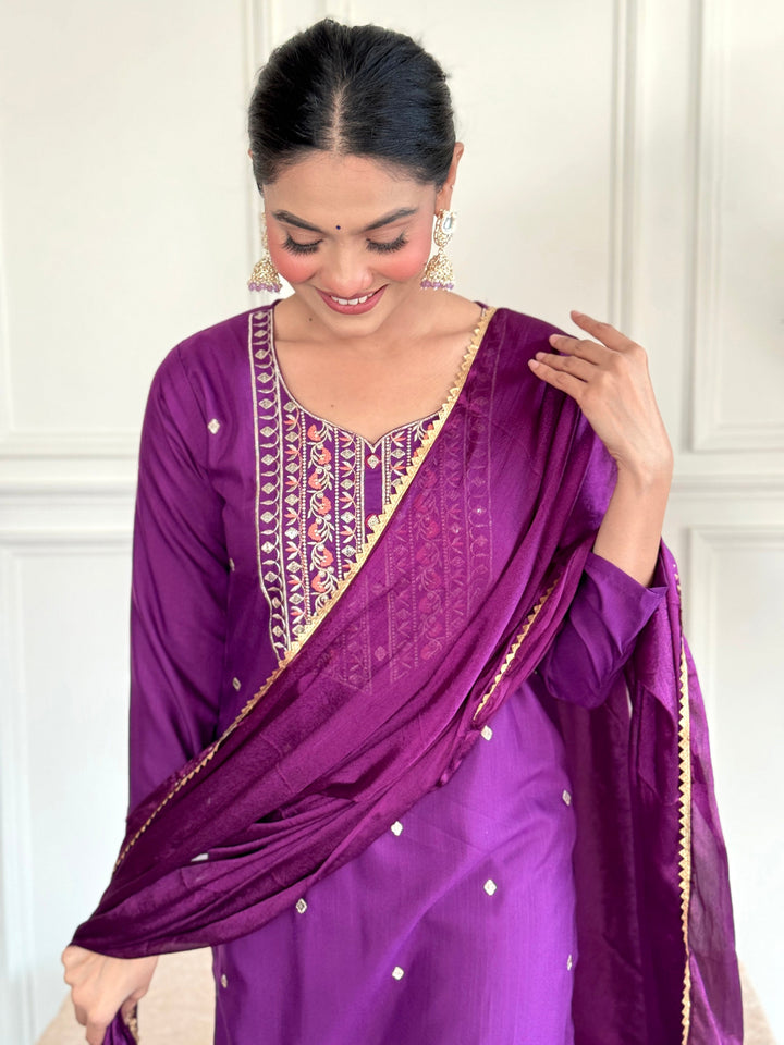 Glamorous Purple Embroidered Chanderi Silk Readymade Pant Suit