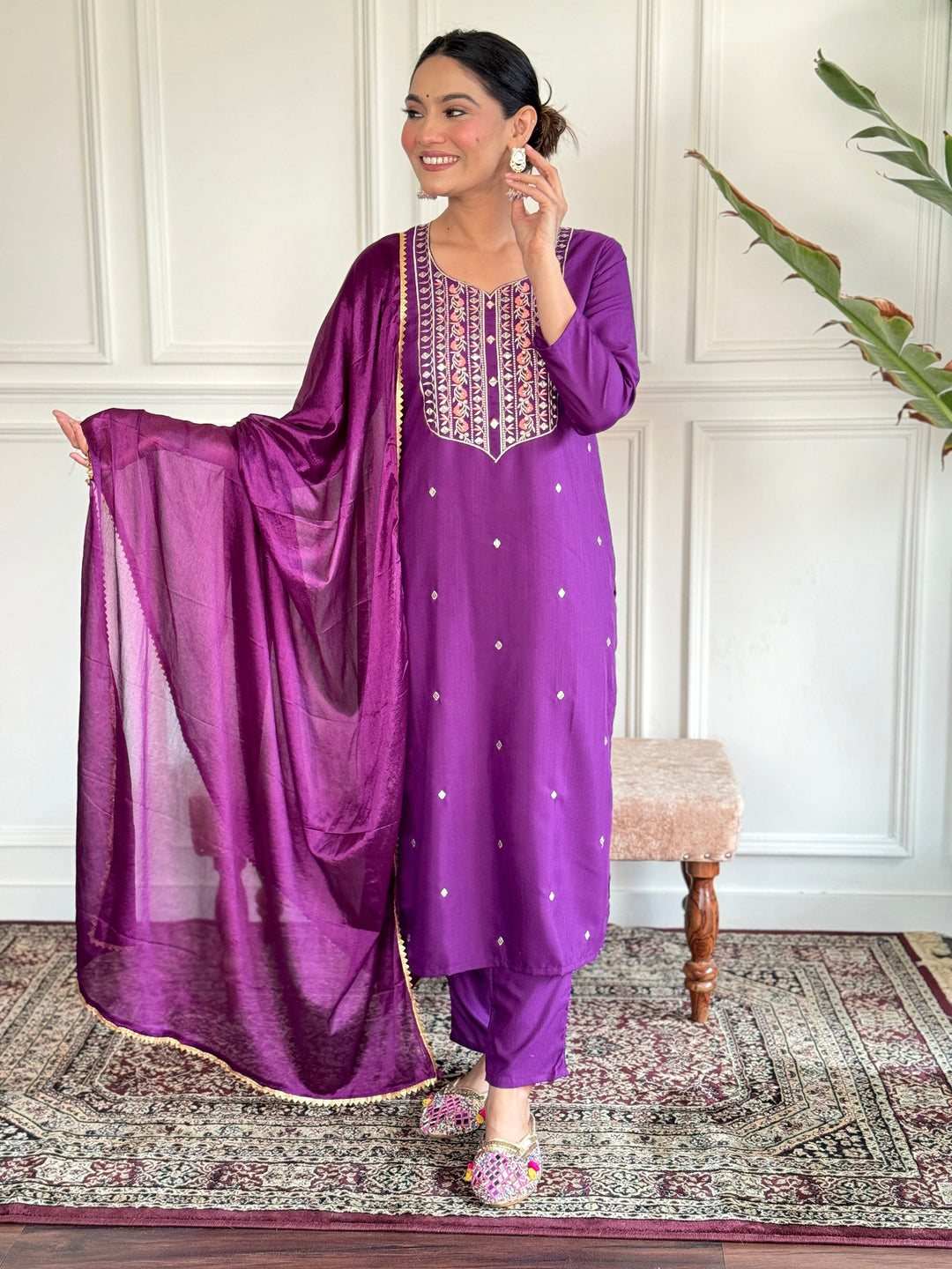 Glamorous Purple Embroidered Chanderi Silk Readymade Pant Suit