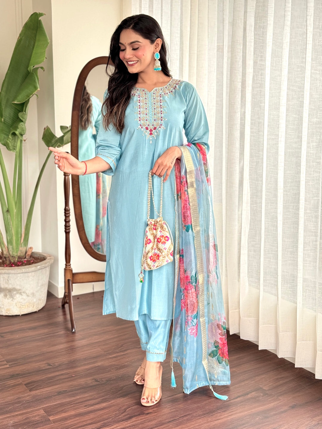 Viscose Chanderi Salwar Kameez with Intricate Embroidery & Floral Dupatta