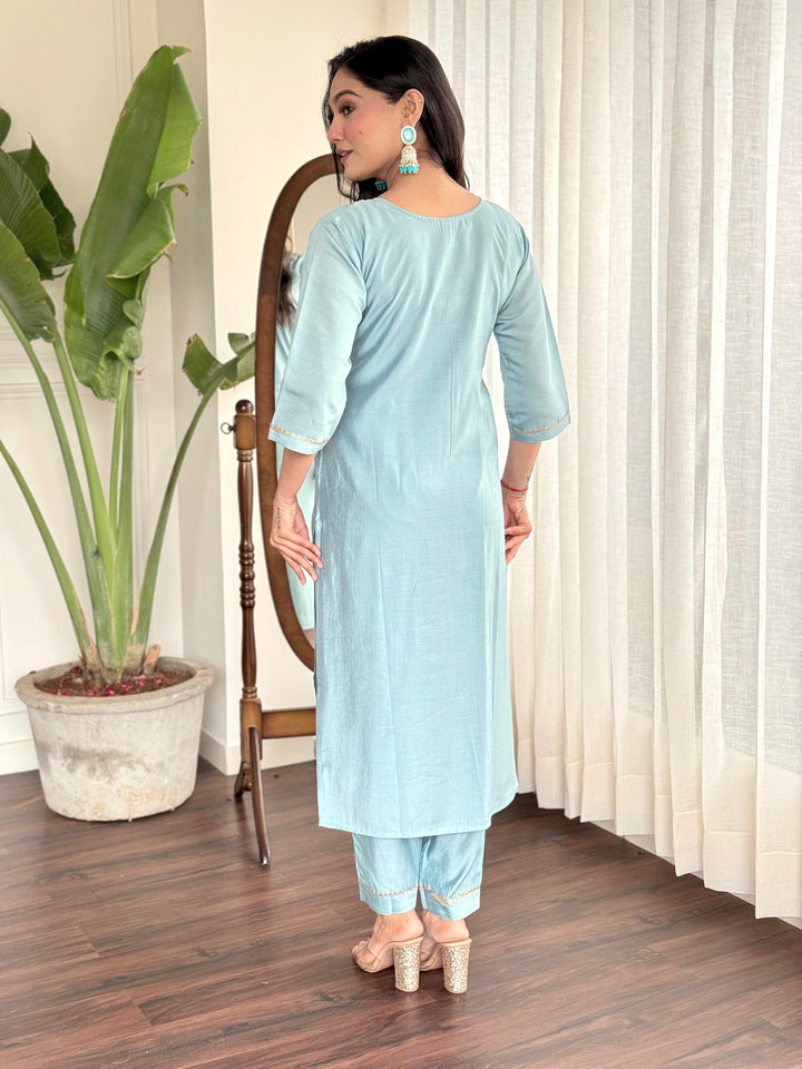 Magnetic Sky Blue Embroidered Chanderi Silk Festival Wear Pant Suit