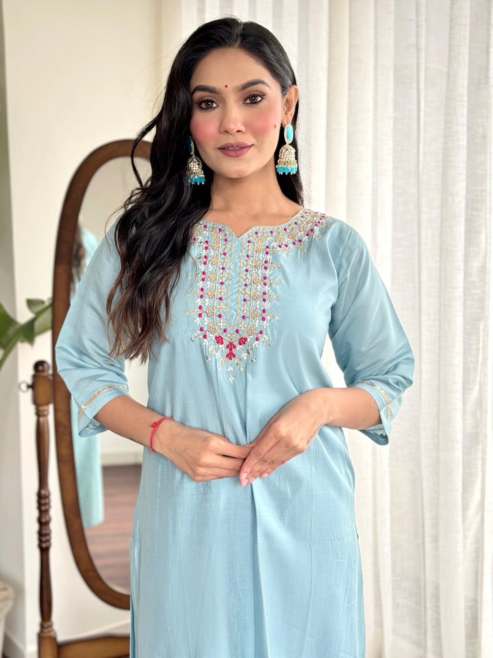 Viscose Chanderi Salwar Kameez with Intricate Embroidery & Floral Dupatta