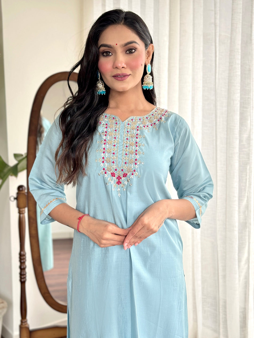 Magnetic Sky Blue Embroidered Chanderi Silk Festival Wear Pant Suit