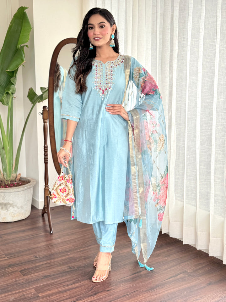 Viscose Chanderi Salwar Kameez with Intricate Embroidery & Floral Dupatta