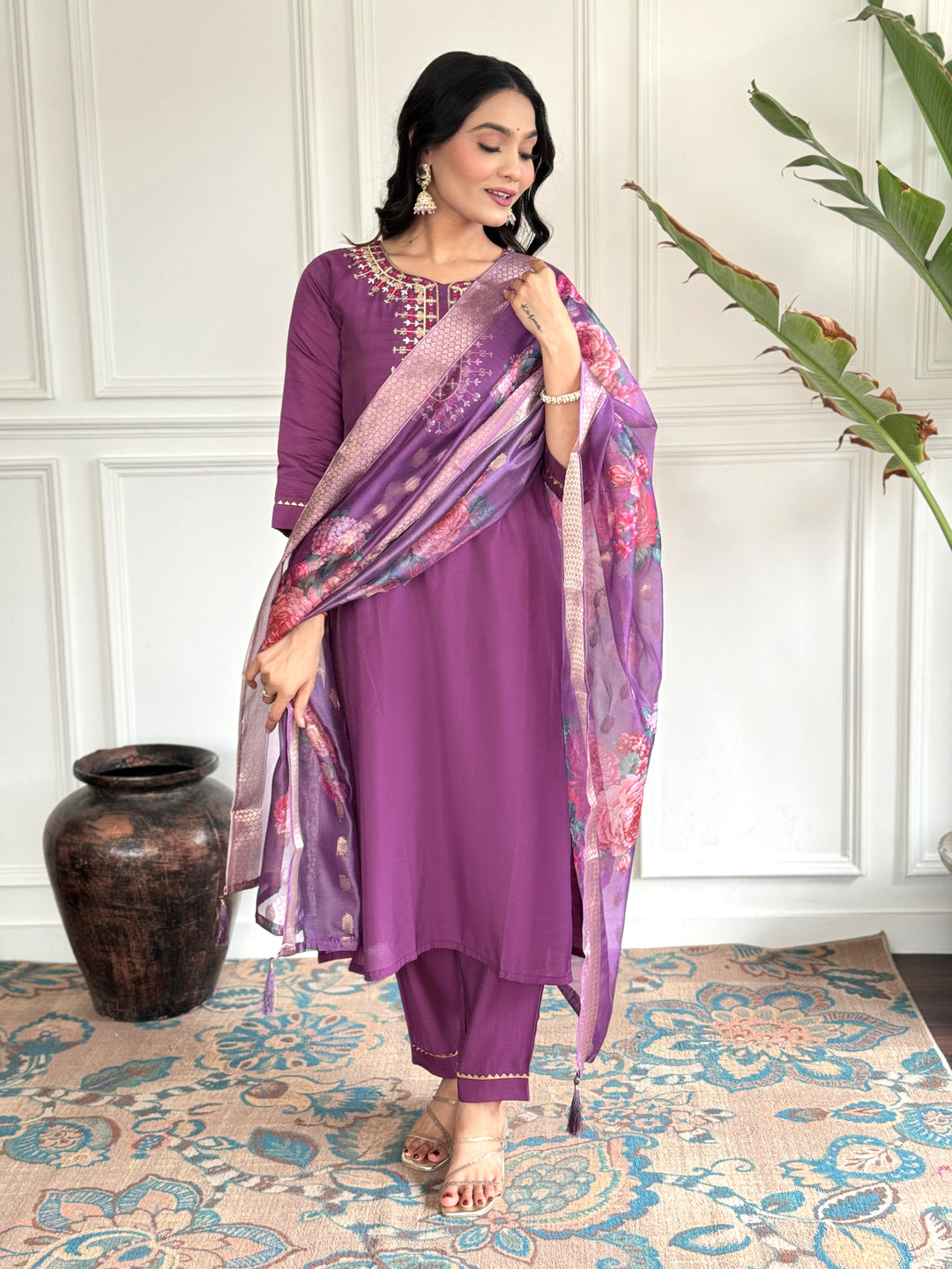 Viscose Chanderi Salwar Kameez with Intricate Embroidery & Floral Dupatta