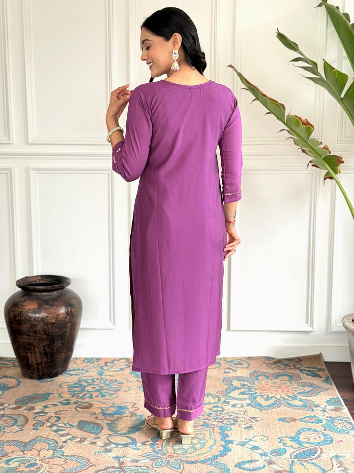 Enchanting Purple Embroidered Chanderi Silk Event Wear Pant Suit