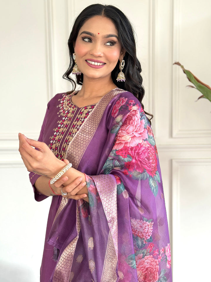 Enchanting Purple Embroidered Chanderi Silk Event Wear Pant Suit