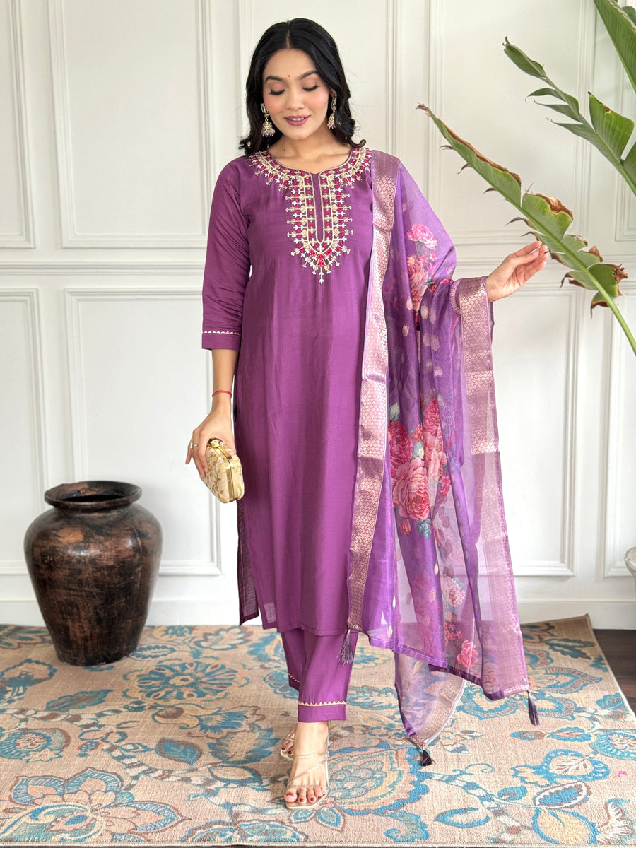 Enchanting Purple Embroidered Chanderi Silk Event Wear Pant Suit