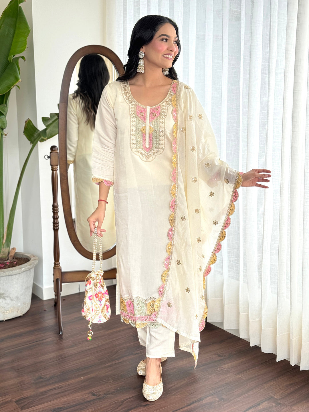 Amazing Cream Embroidered Chanderi Silk Traditional Pant Suit