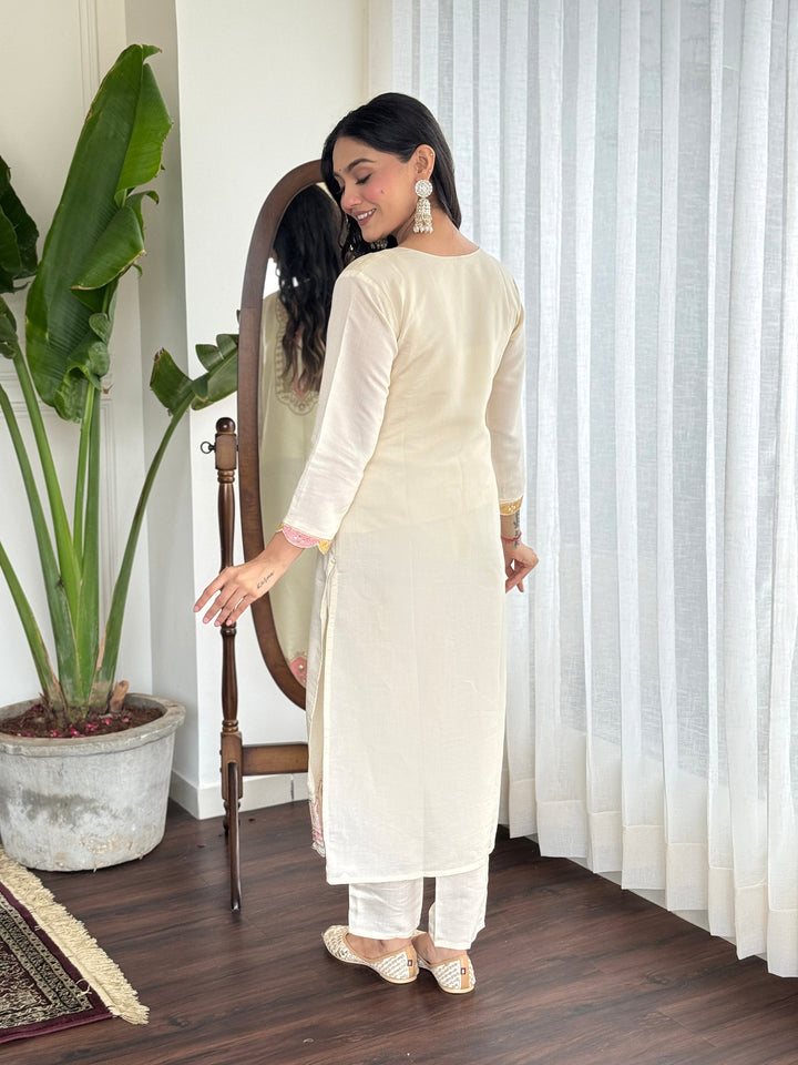 Amazing Cream Embroidered Chanderi Silk Traditional Pant Suit