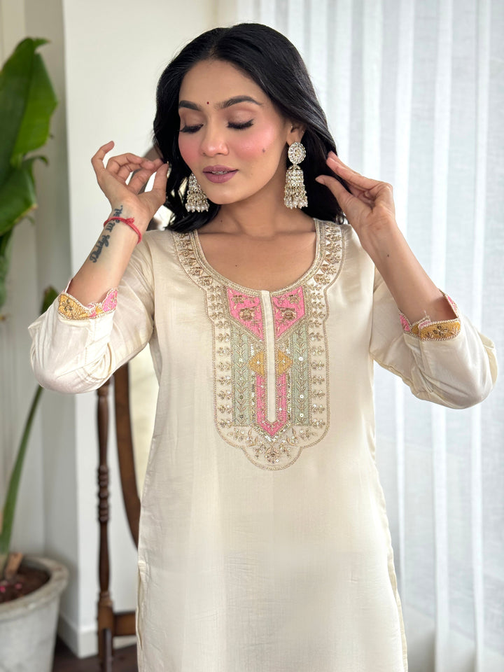 Amazing Cream Embroidered Chanderi Silk Traditional Pant Suit