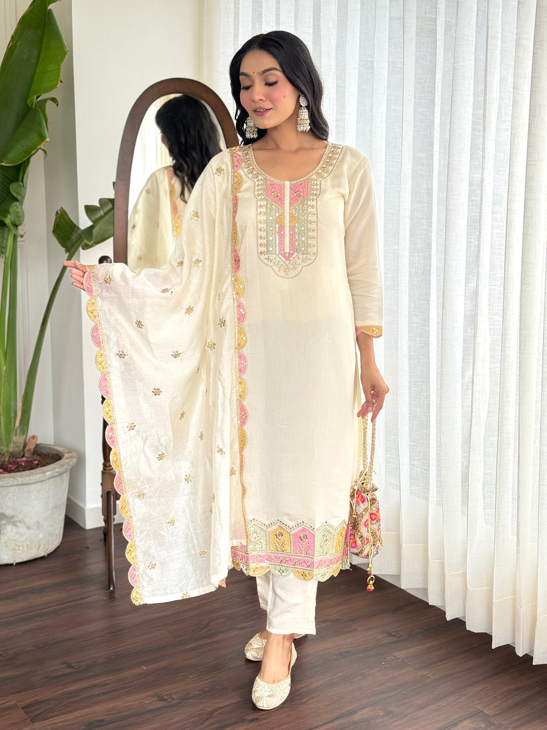 Amazing Cream Embroidered Chanderi Silk Traditional Pant Suit