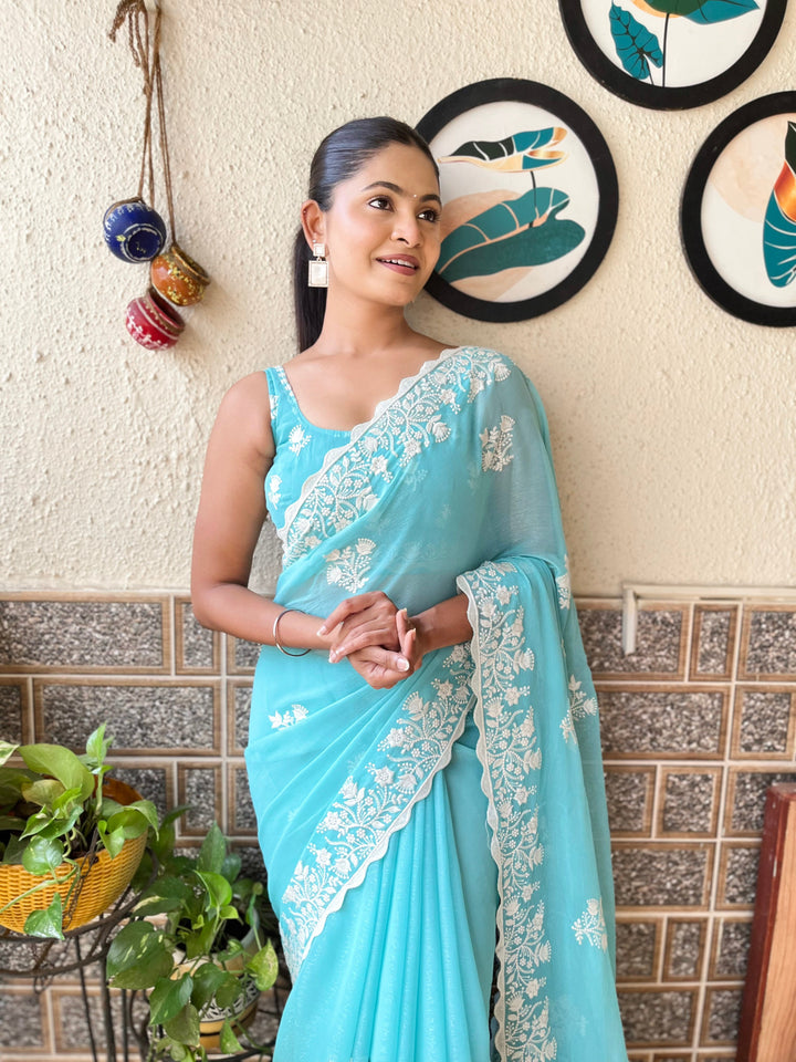 Elegant Simmer-Silk Saree with Embroidered Blouse | Perfect for Weddings & Festivals