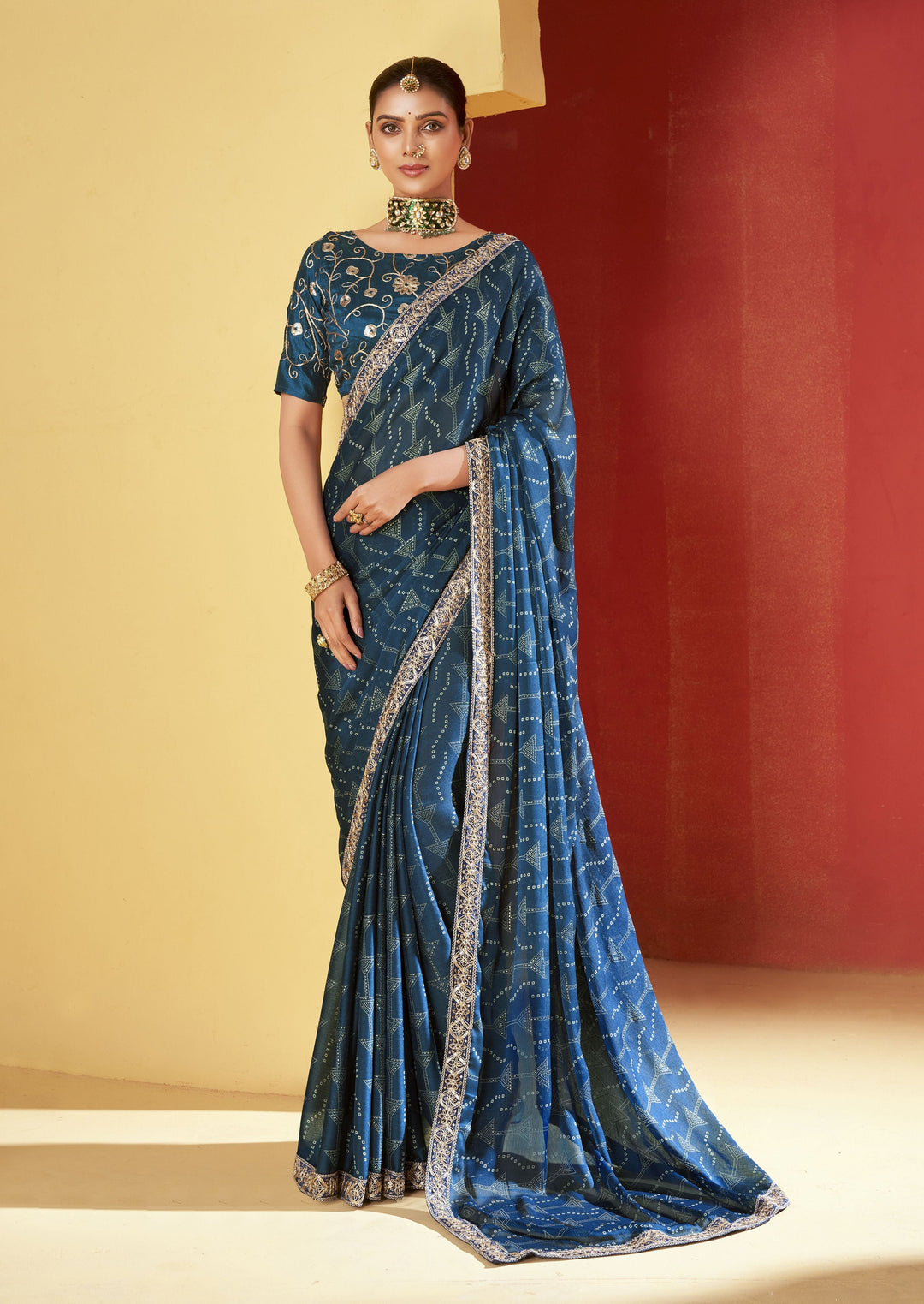 Moss-Chiffon Teal Saree | Embroidery Work for Elegant Wedding Looks