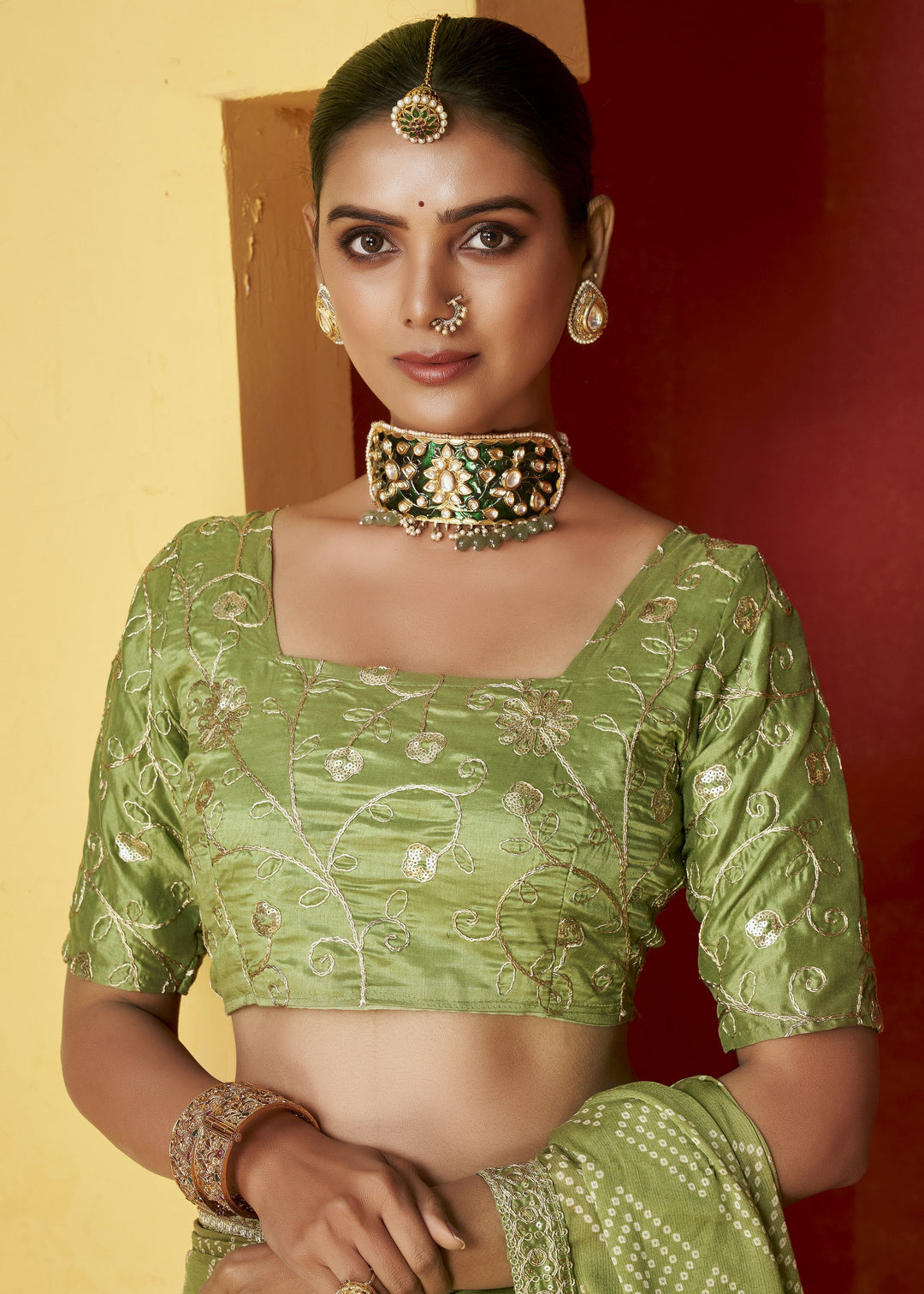 Elegant Moss-Chiffon Saree with Art-Silk Blouse | Embroidery & Foil Print for Weddings & Festivities