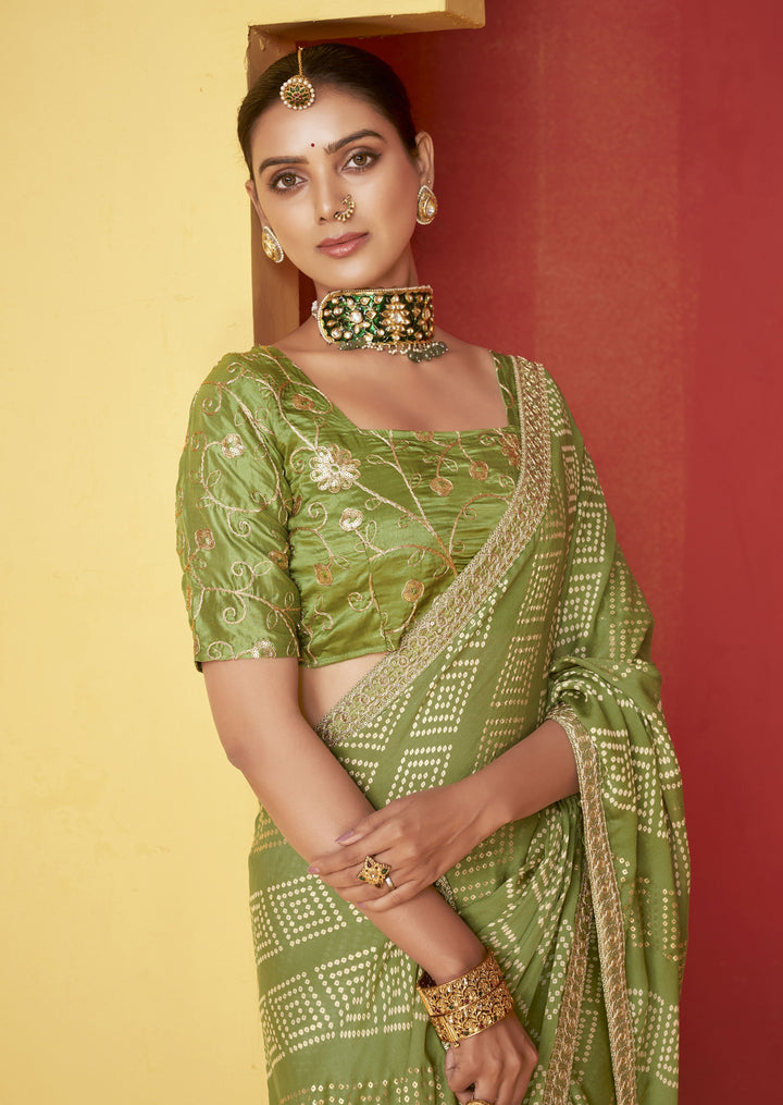 Elegant Moss-Chiffon Saree with Art-Silk Blouse | Embroidery & Foil Print for Weddings & Festivities