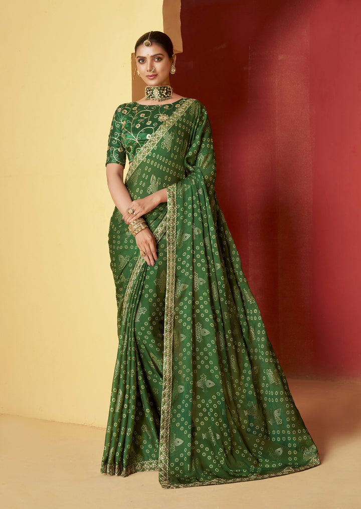 Moss-Chiffon Saree with Embroidery & Designer Foil Print | Special Event Elegance