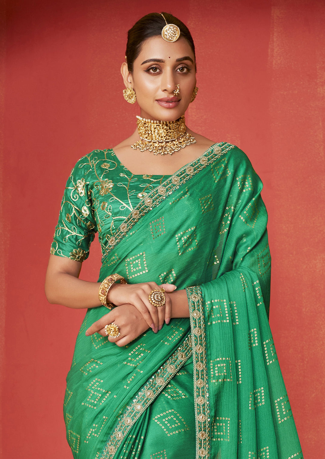 Elegant Moss-Chiffon Saree with Embroidery | Designer Foil Printed for Events