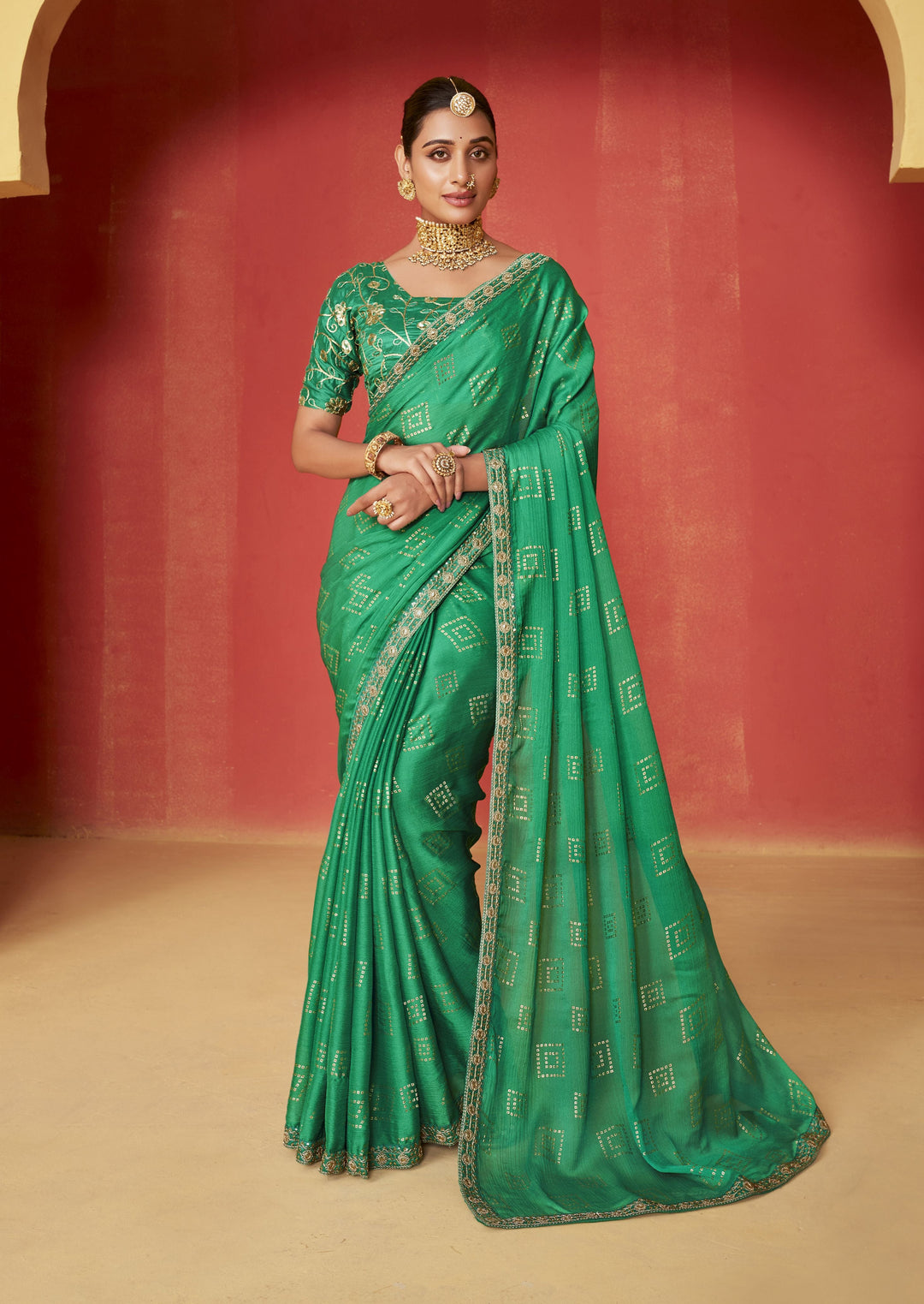 Elegant Moss-Chiffon Saree with Embroidery | Designer Foil Printed for Events