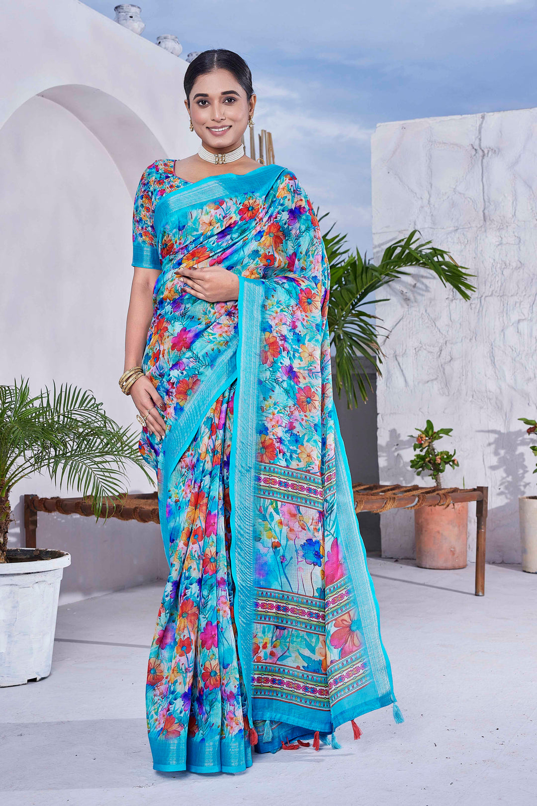 Linen-Blend Silk Saree | Digital-Printed for Weddings & Festive Events