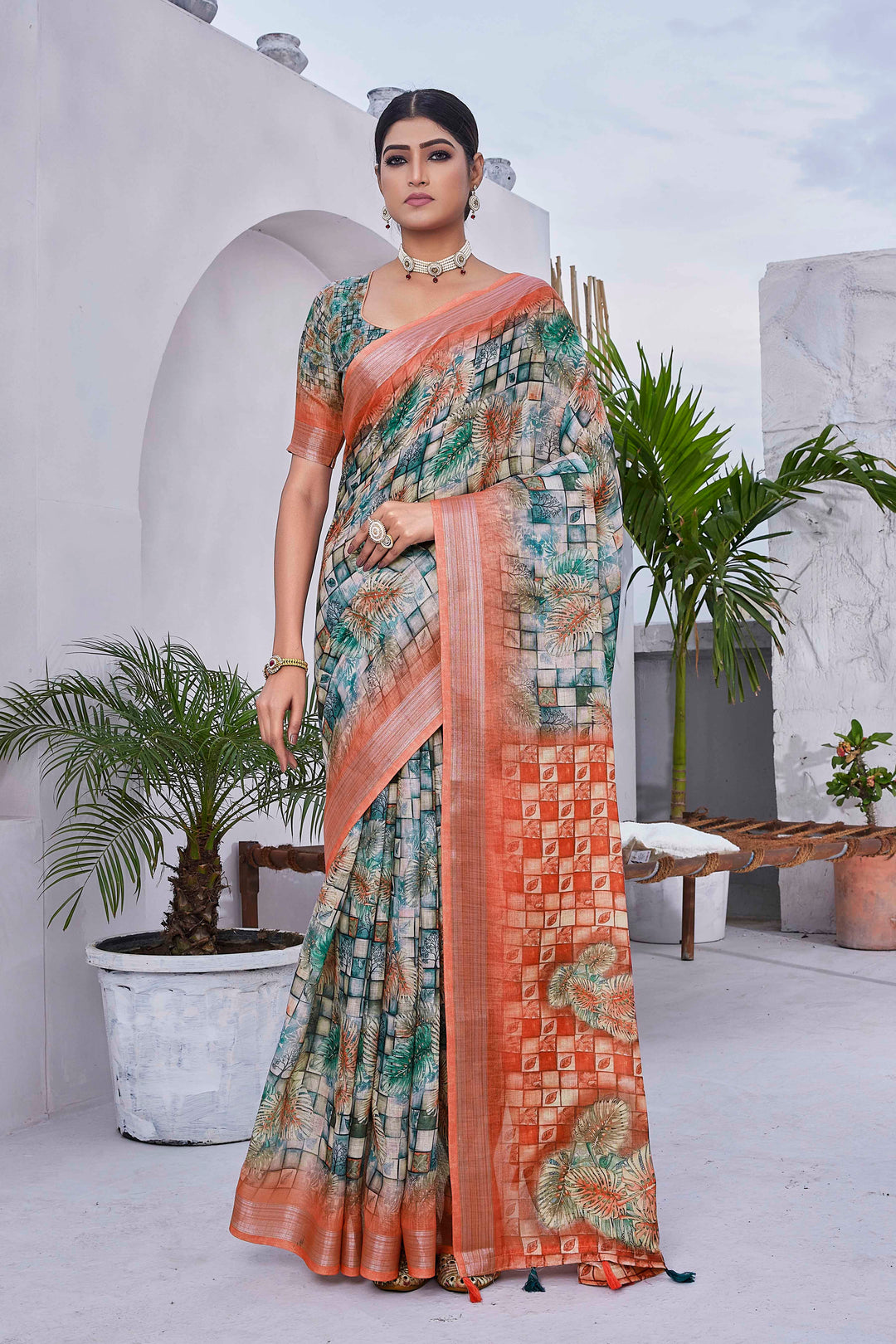 Linen-Blend Digital-Printed Saree | Silk Top & Bottom | Festive Elegance