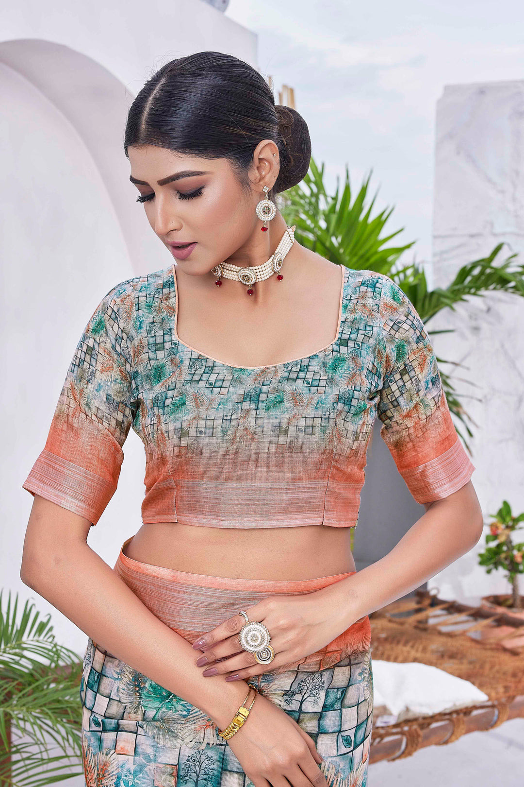 Linen-Blend Digital-Printed Saree | Silk Top & Bottom | Festive Elegance