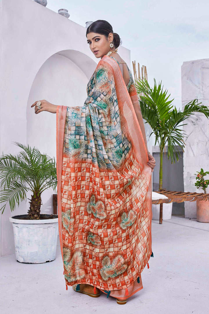 Linen-Blend Digital-Printed Saree | Silk Top & Bottom | Festive Elegance