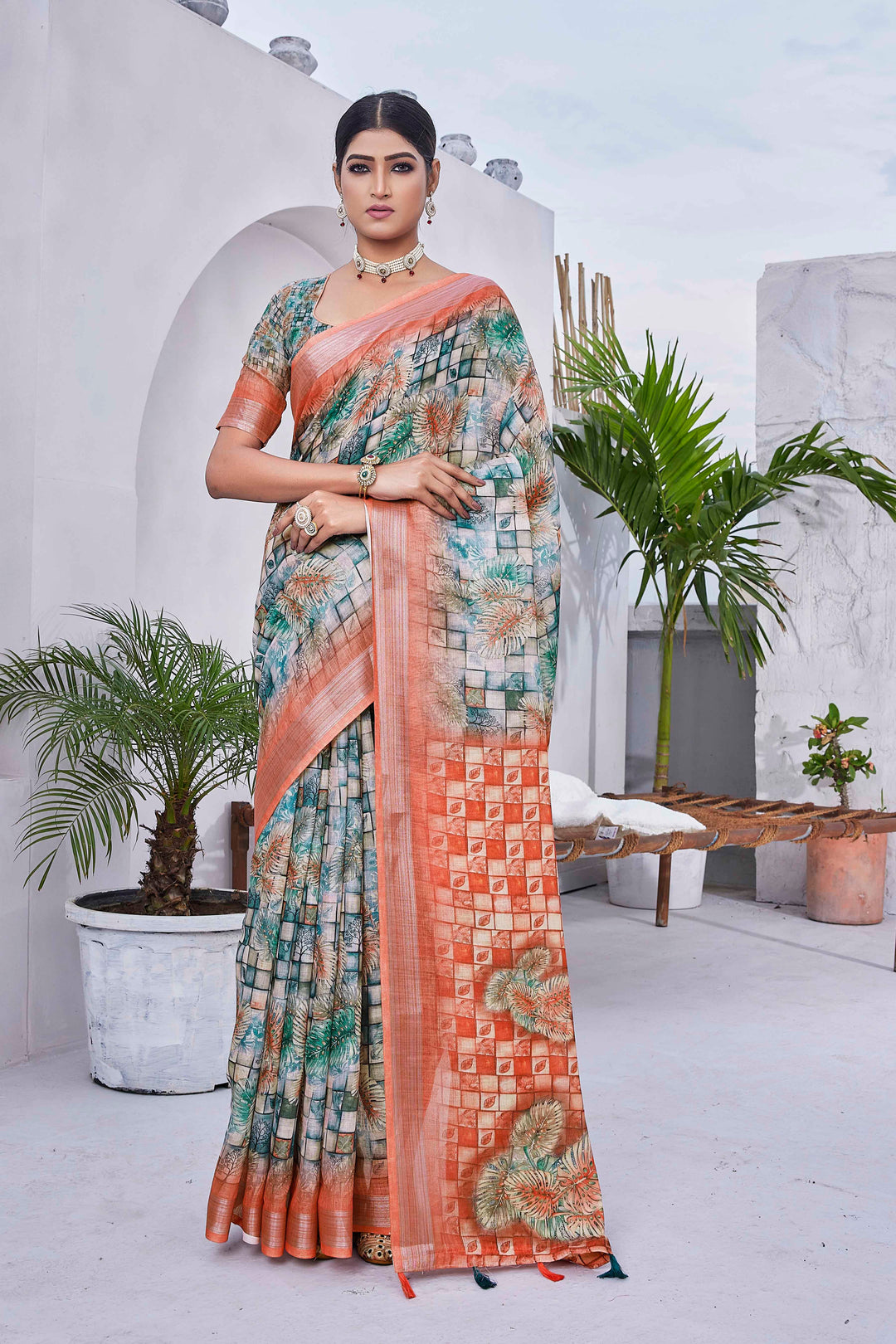 Linen-Blend Digital-Printed Saree | Silk Top & Bottom | Festive Elegance