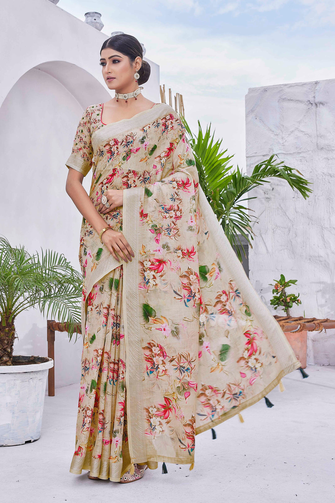 Linen-Blend Saree with Silk Top & Bottom | Digital-Printed for Weddings & Festive