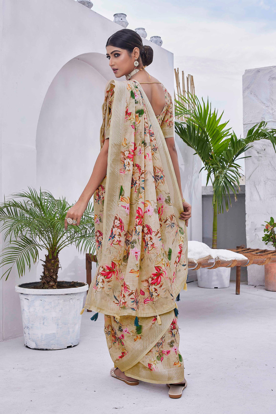 Linen-Blend Saree with Silk Top & Bottom | Digital-Printed for Weddings & Festive