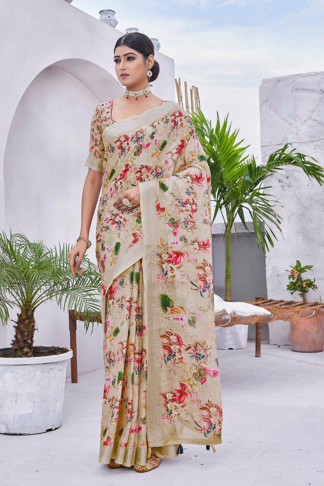 Linen-Blend Saree with Silk Top & Bottom | Digital-Printed for Weddings & Festive