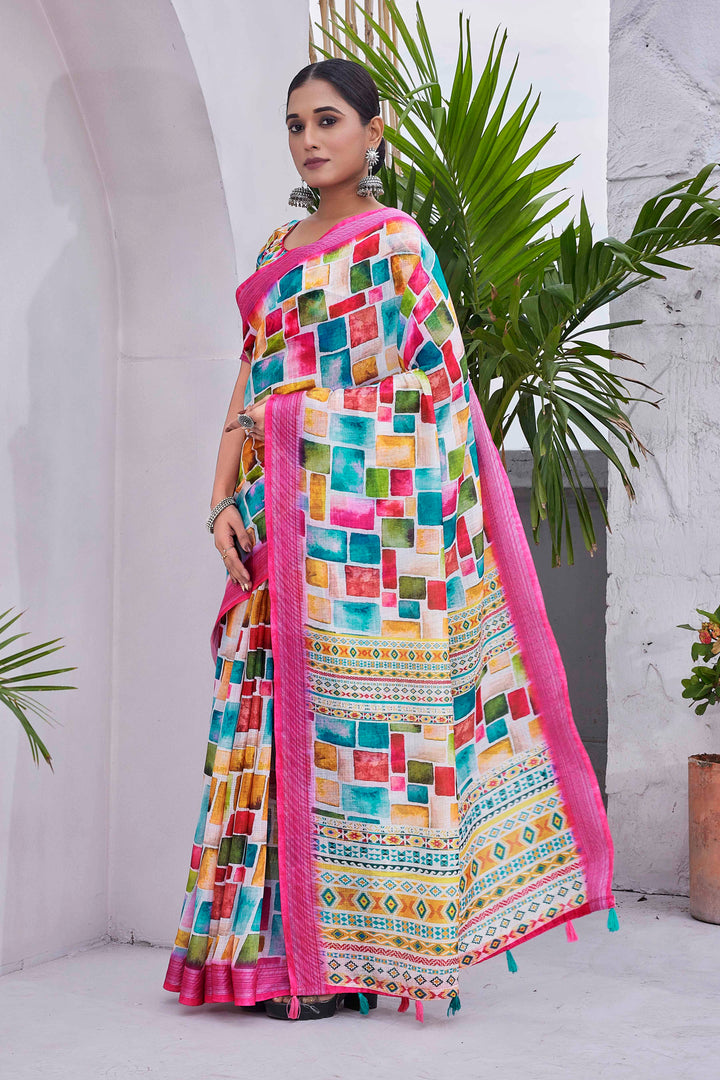 Elegant Linen-Blend Saree | Digital-Printed Silk Top and Bottom | Special Event